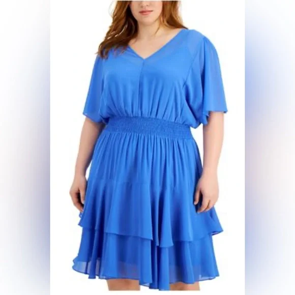 TAYLOR Blue Stretch Smocked Tiered-Hem Dress Size 16 NWT - Picture 4 of 11